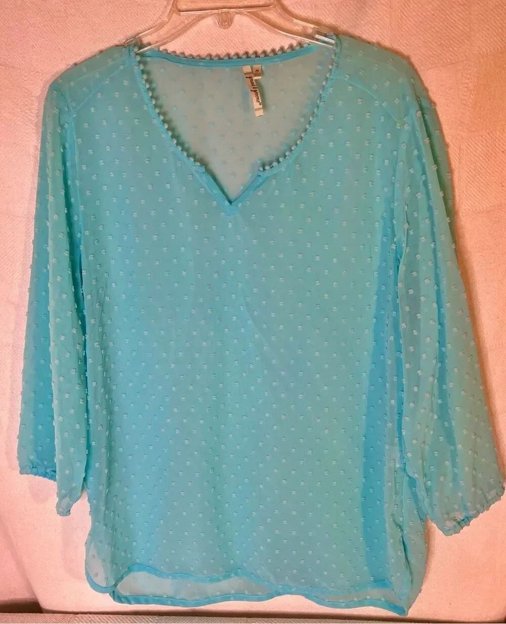 Grand & Greene Top Blue Green Textured Sheer Tunic Blouse Sz Medium